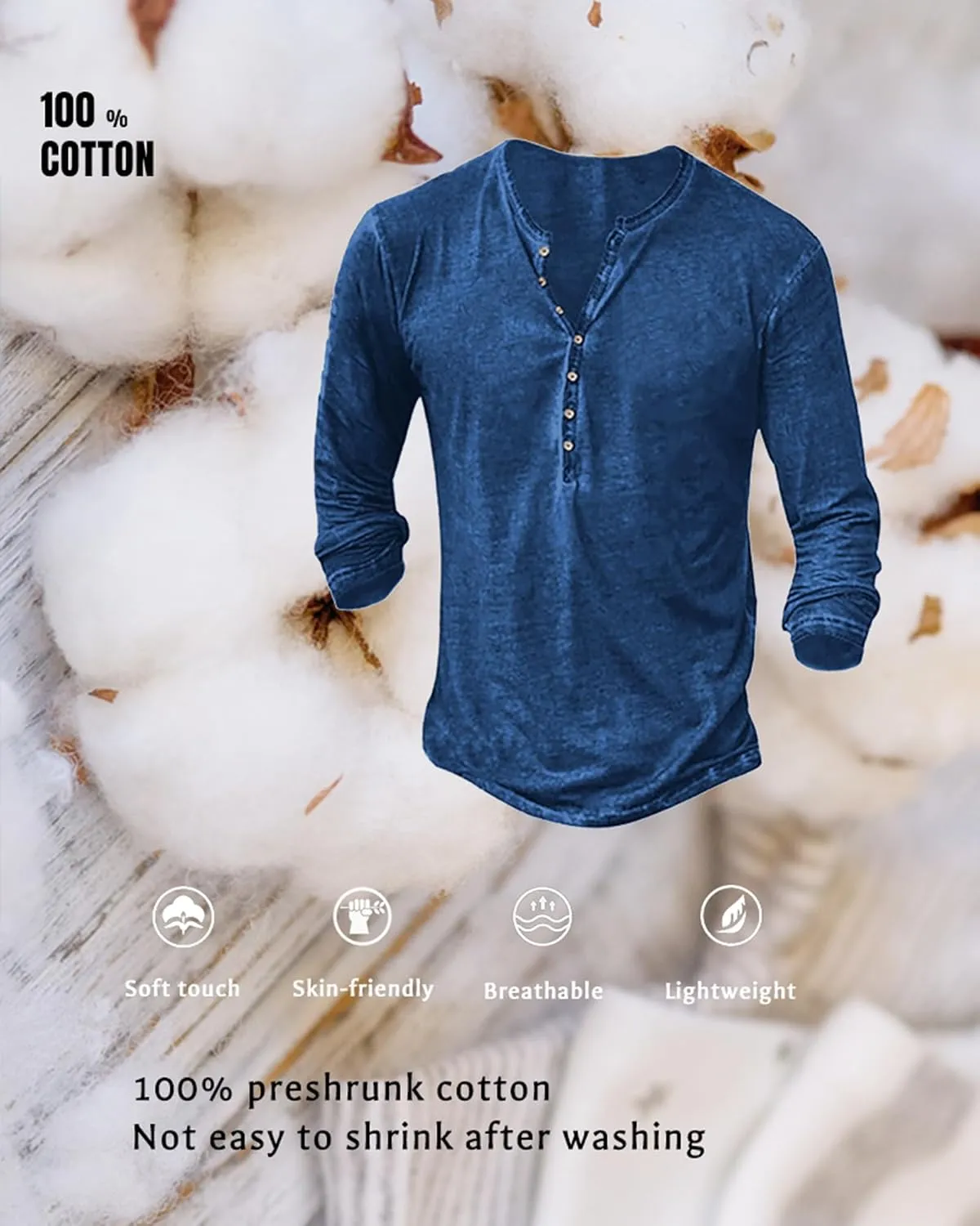 Mens Distressed Henley Shirts Vintage Long Sleeve Shirts Casual Button Down V Neck T Shirts for Men