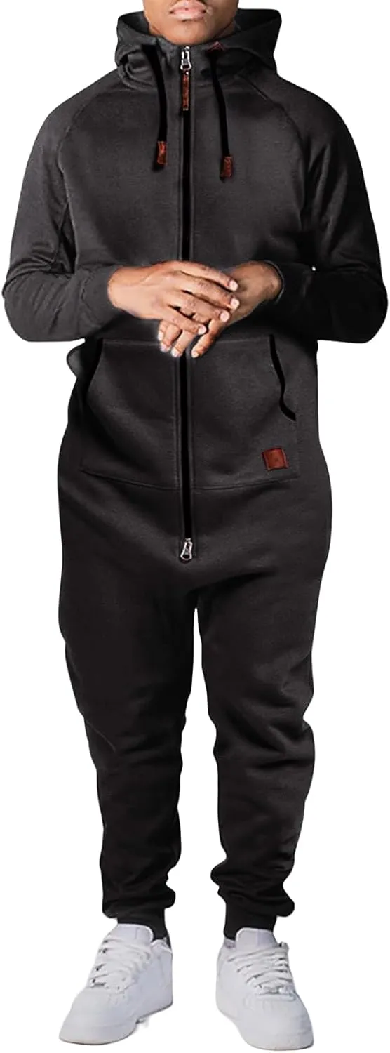 Men's Fleece Sweatshirts Hooded Zipper Jumpsuit Solid Color Matching Casual Suit Jumpsuit with Pocket
