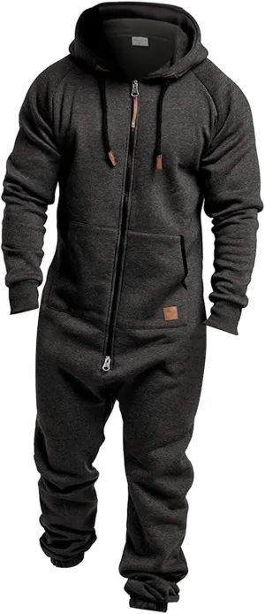 Men's Fleece Sweatshirts Hooded Zipper Jumpsuit Solid Color Matching Casual Suit Jumpsuit with Pocket