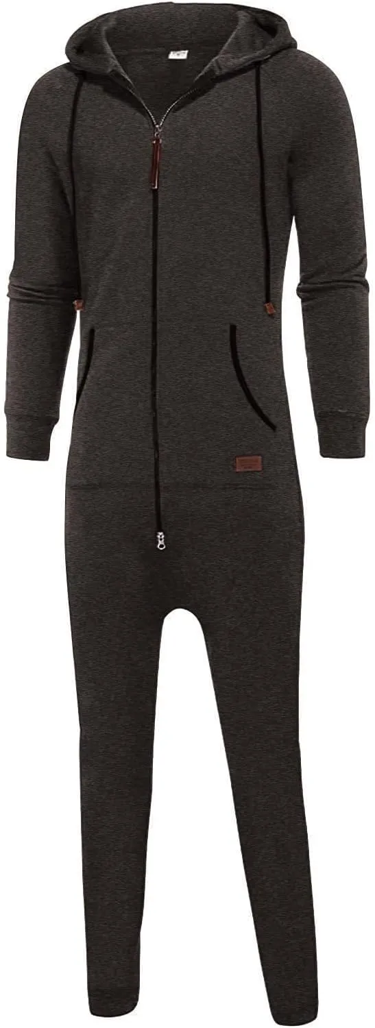 Men's Fleece Sweatshirts Hooded Zipper Jumpsuit Solid Color Matching Casual Suit Jumpsuit with Pocket