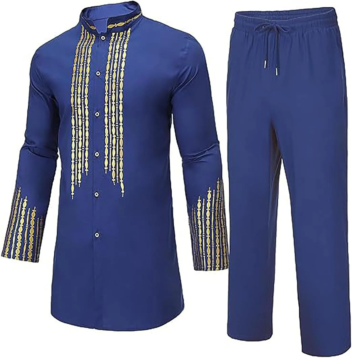 Men's Kaftan Robe Muslim Wrinkle Two Suit Cardigan and Pants Set Men Islamic Caftan Robe Kaftan Ramadan Jubbah 2024