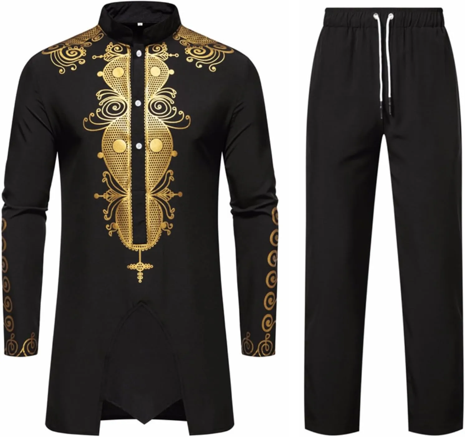 Men's Kaftan Robe Muslim Wrinkle Two Suit Cardigan and Pants Set Men Islamic Caftan Robe Kaftan Ramadan Jubbah 2024