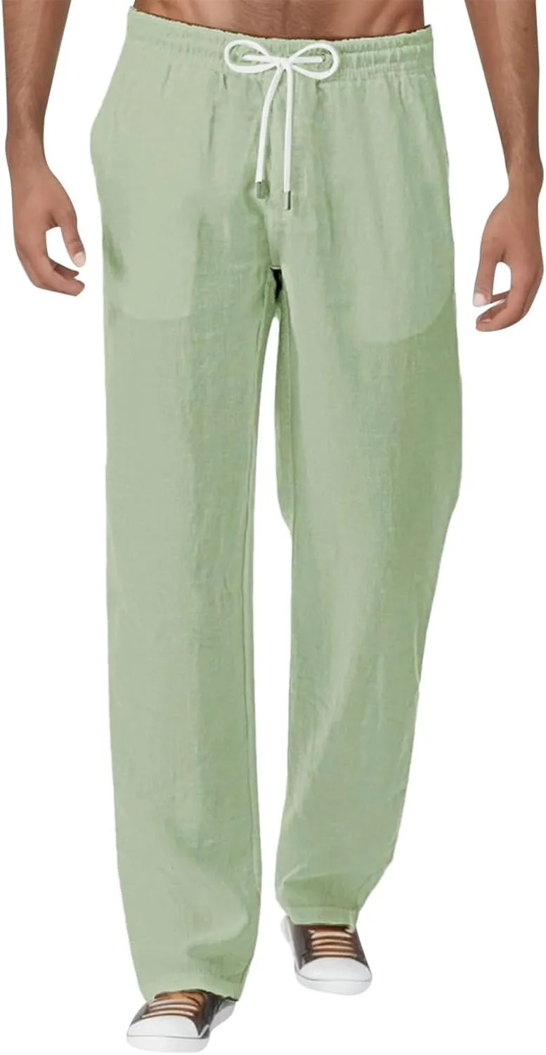 Men's Linen Drawstring Pants Baggy Elastic Waist Trouser Loose Fit Casual Lightweight Yoga Summer Beach Pants