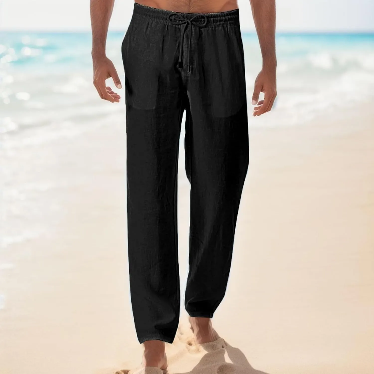 Men's Linen Drawstring Pants Baggy Elastic Waist Trouser Loose Fit Casual Lightweight Yoga Summer Beach Pants