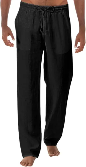Men's Linen Drawstring Pants Baggy Elastic Waist Trouser Loose Fit Casual Lightweight Yoga Summer Beach Pants