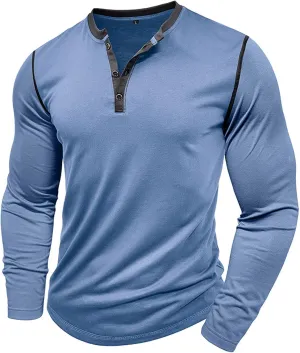 Mens Long Sleeve Muscle T Shirts Athletic Fit Henley Shirts Casual Button Crewneck Longline Gym Workout Tee Shirts