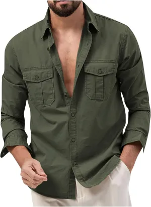 Mens Long Sleeve Safari Shirts Casual Loose Tactical Cargo Work Shirts Outdoor Lightweight Button Down Travel Shirts