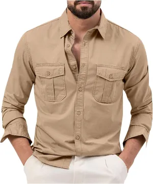 Mens Long Sleeve Safari Shirts Casual Loose Tactical Cargo Work Shirts Outdoor Lightweight Button Down Travel Shirts