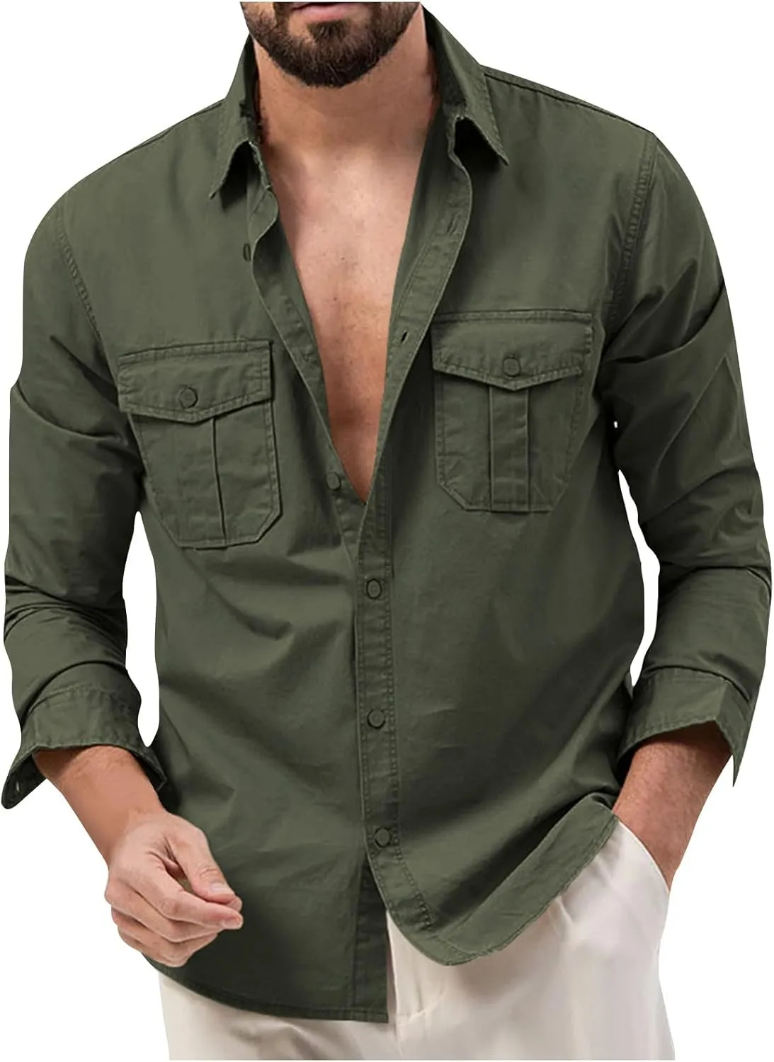 Mens Long Sleeve Safari Shirts Casual Loose Tactical Cargo Work Shirts Outdoor Lightweight Button Down Travel Shirts