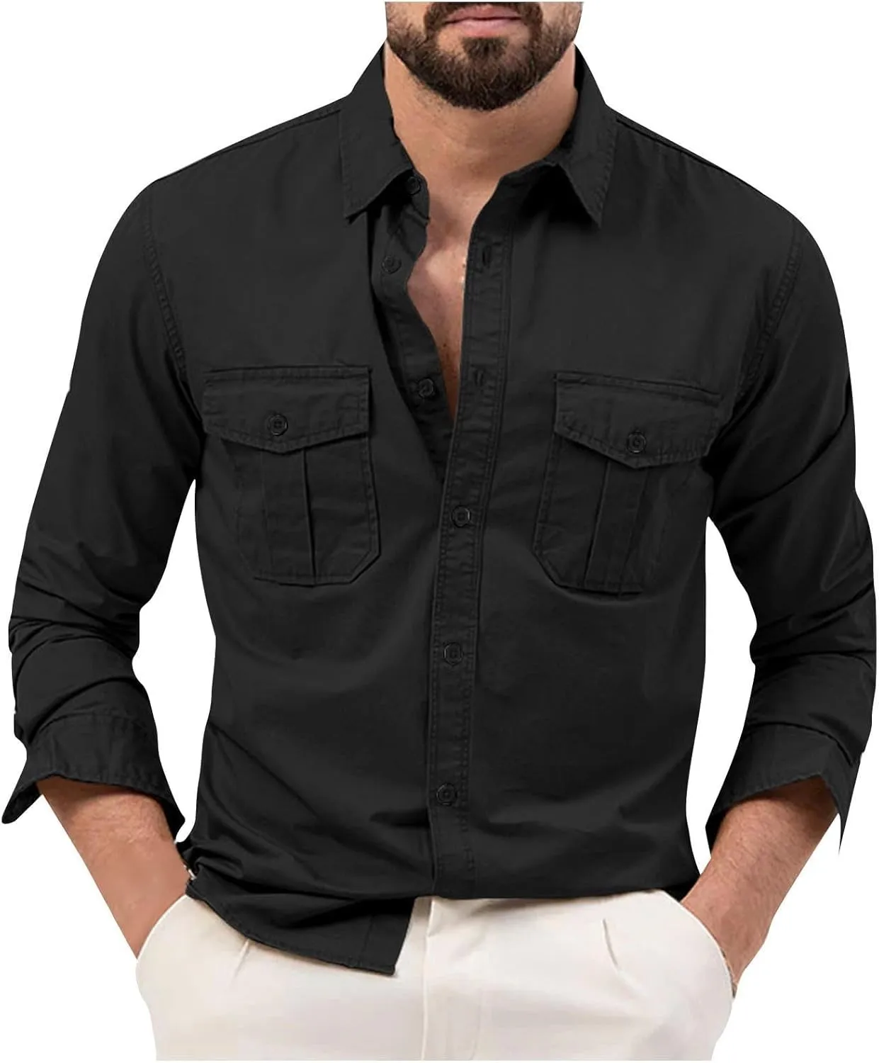 Mens Long Sleeve Safari Shirts Casual Loose Tactical Cargo Work Shirts Outdoor Lightweight Button Down Travel Shirts