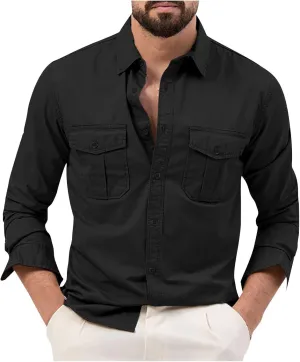 Mens Long Sleeve Safari Shirts Casual Loose Tactical Cargo Work Shirts Outdoor Lightweight Button Down Travel Shirts