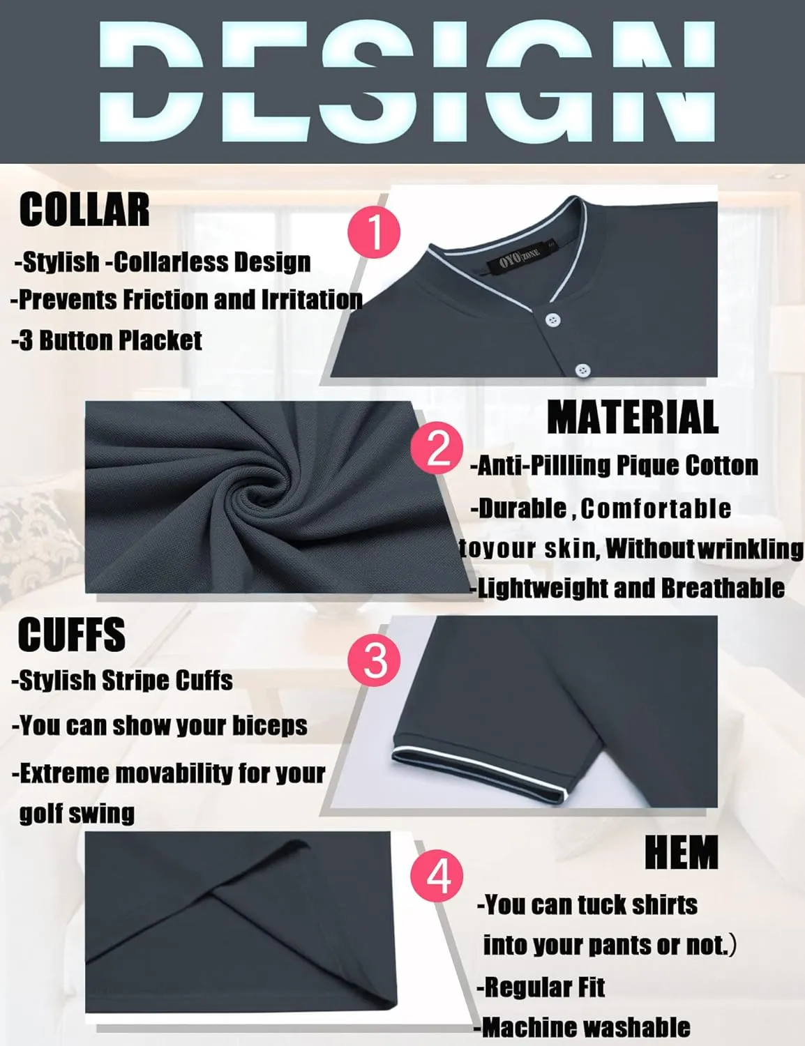 Men's Polo Shirts Casual Short Sleeve Cotton Pique Polo T Shirts Classic Collarless Golf Shirts for Men
