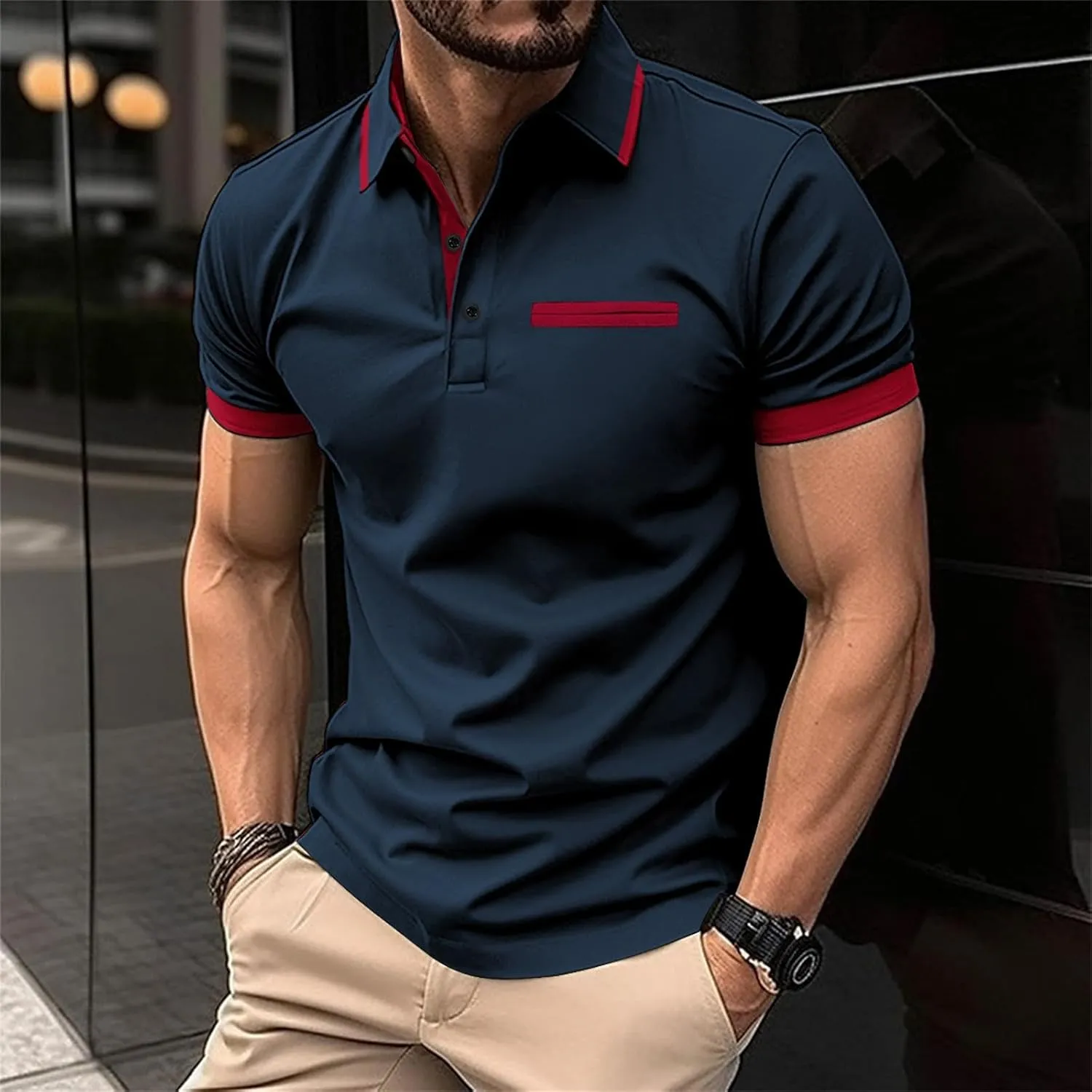 Men's Shirts Casual Stylish Button Down Short Sleeve Polo Shirts Patchwork Summer Shirts Loose Athletic Pullover Tees