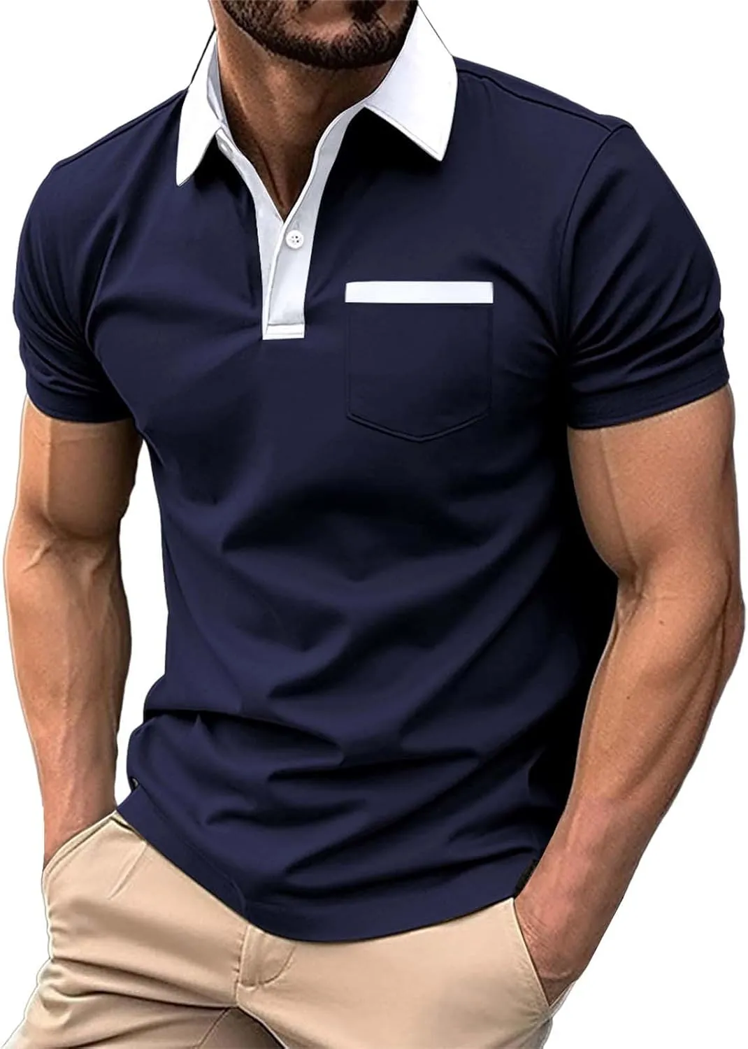 Men's Shirts Casual Stylish Button Down Short Sleeve Polo Shirts Patchwork Summer Shirts Loose Athletic Pullover Tees