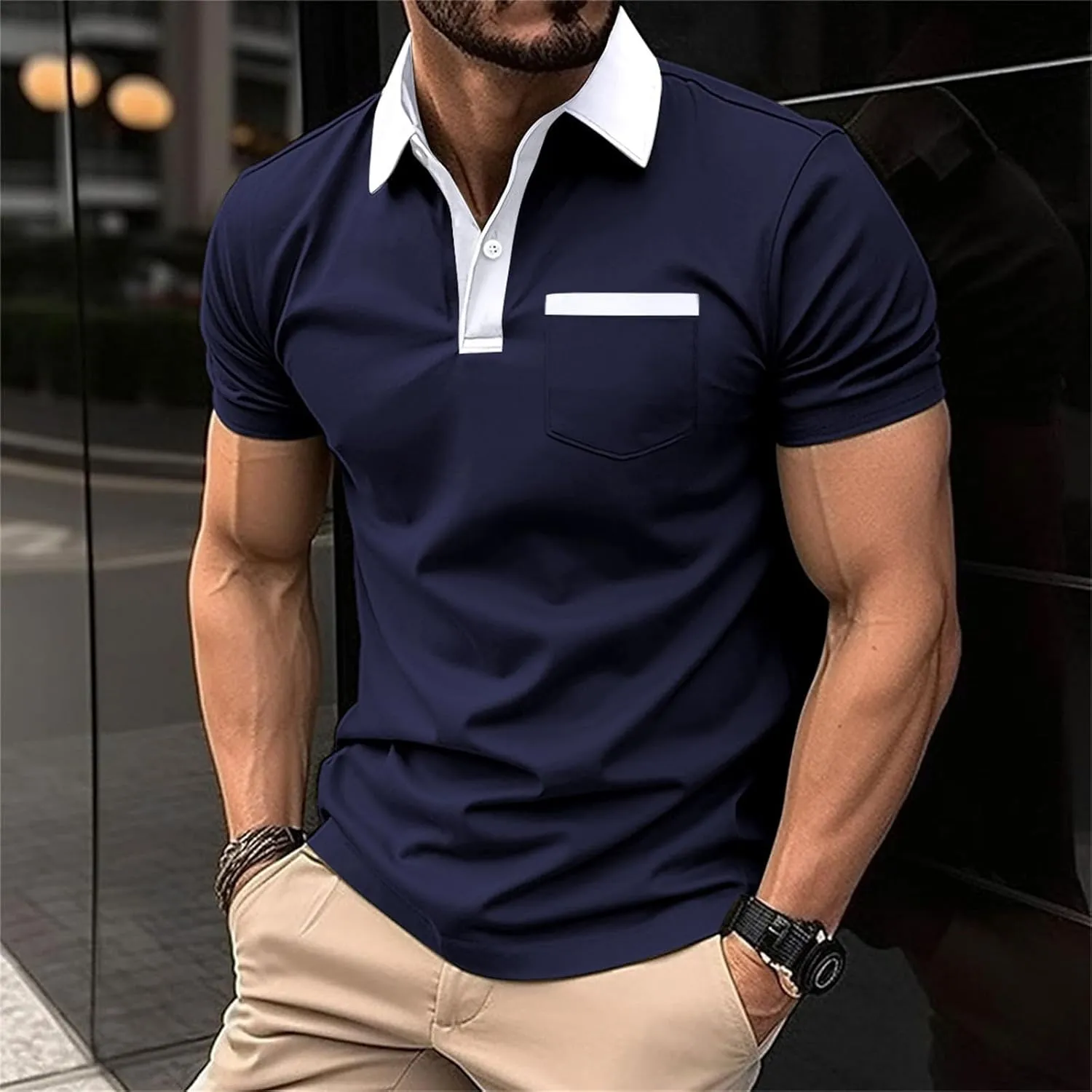 Men's Shirts Casual Stylish Button Down Short Sleeve Polo Shirts Patchwork Summer Shirts Loose Athletic Pullover Tees