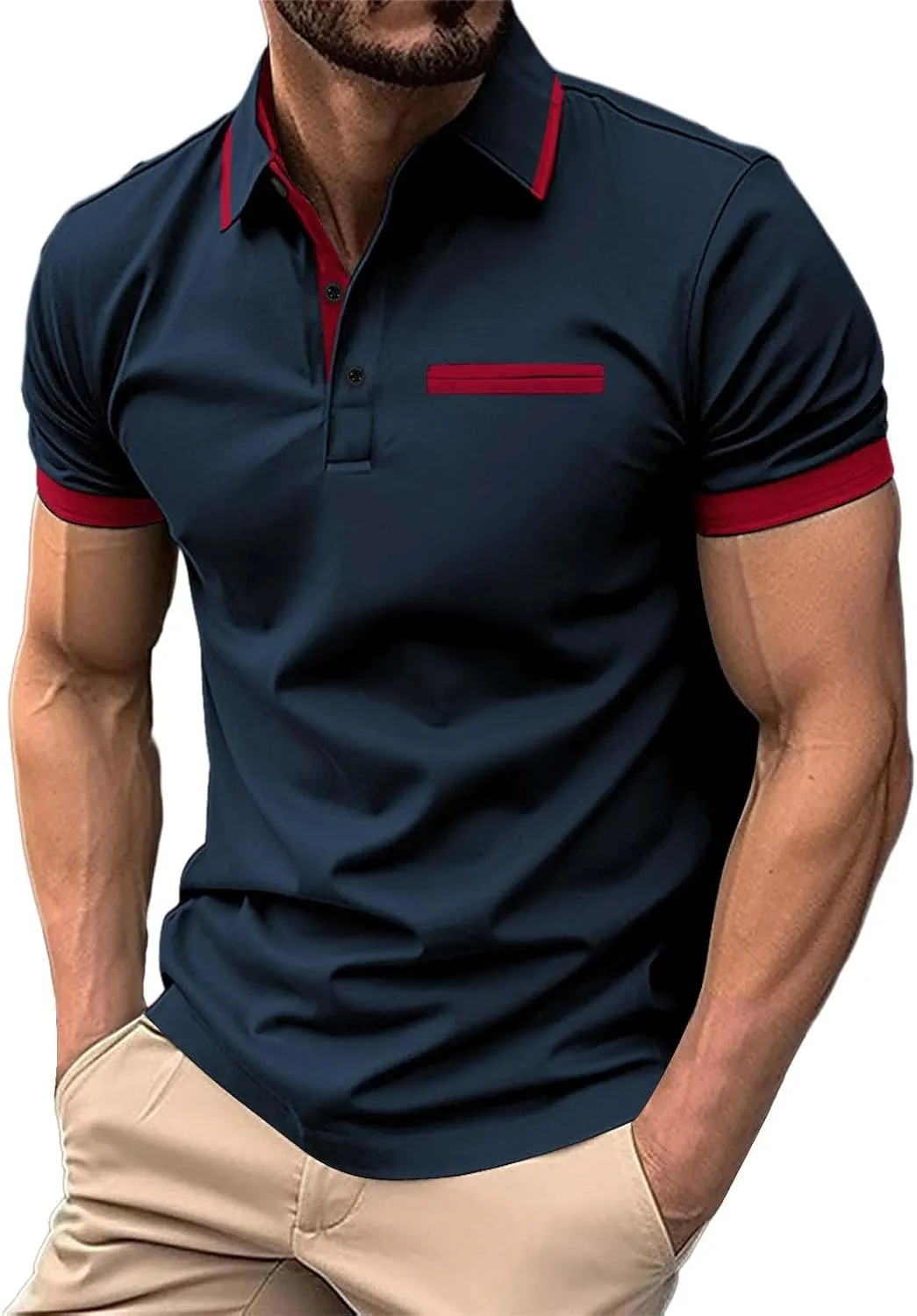 Men's Shirts Casual Stylish Button Down Short Sleeve Polo Shirts Patchwork Summer Shirts Loose Athletic Pullover Tees