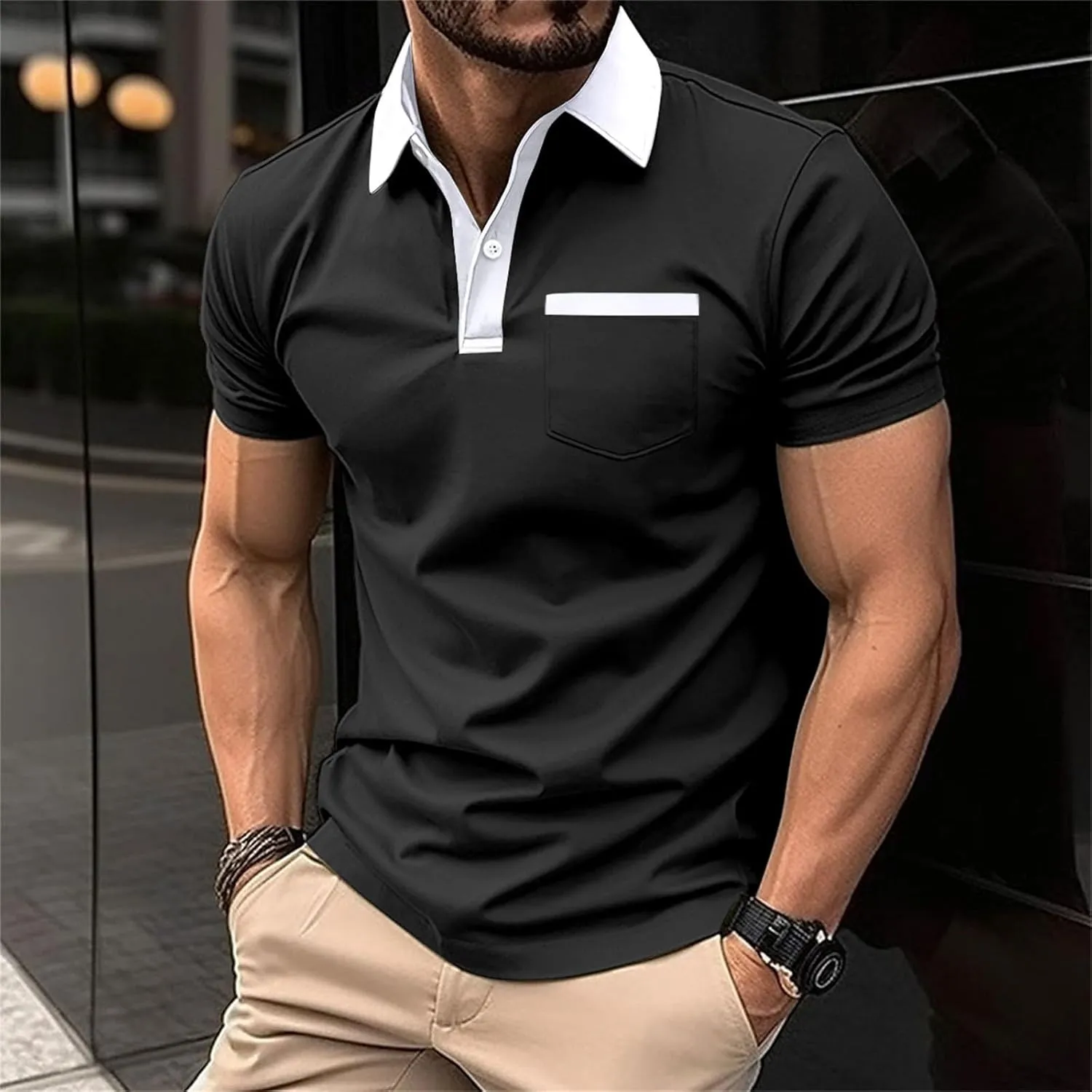 Men's Shirts Casual Stylish Button Down Short Sleeve Polo Shirts Patchwork Summer Shirts Loose Athletic Pullover Tees