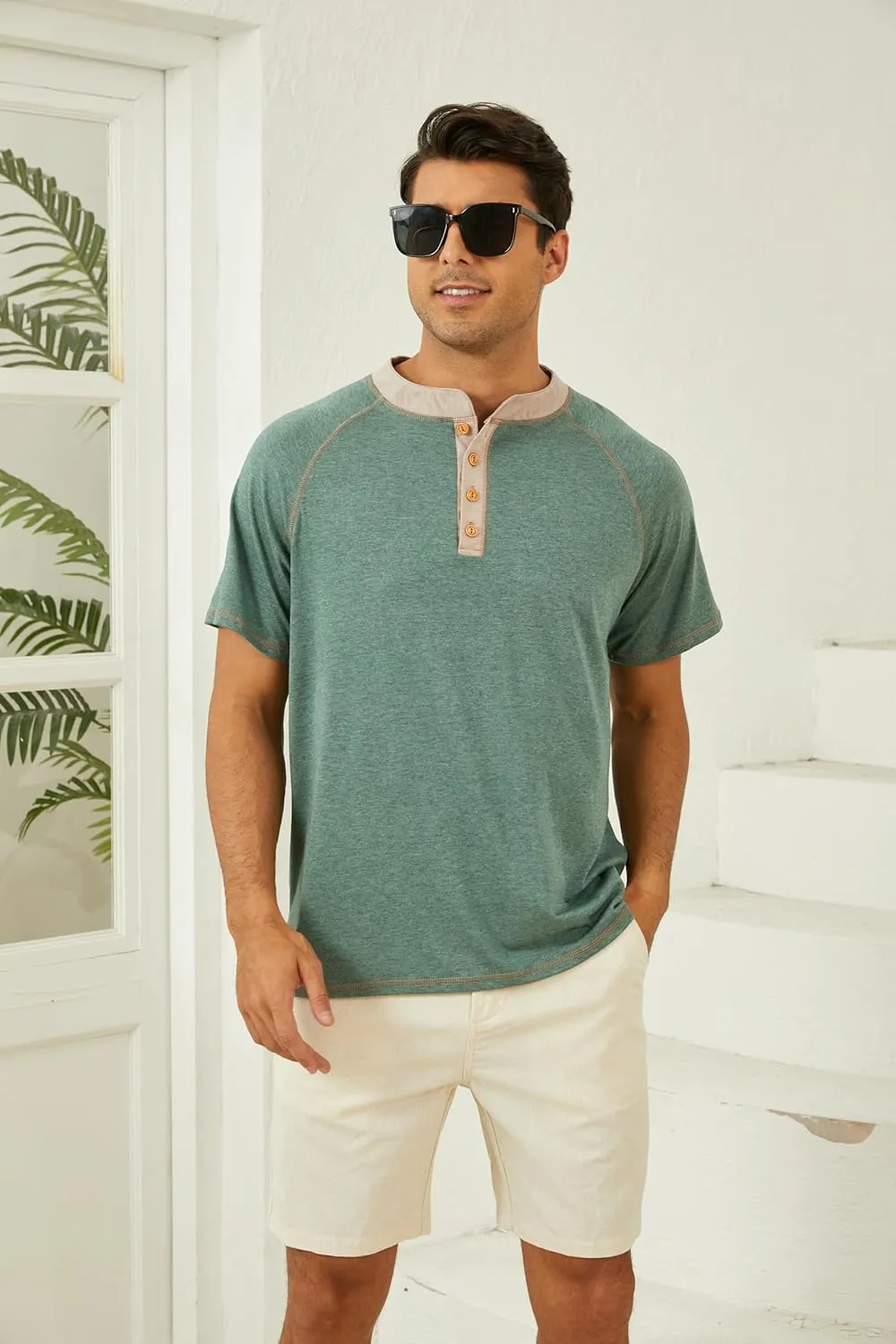 Mens Short Sleeve Henley Shirts Casual Button T-Shirts Basic Cotton Tee Shirts Summer Lightweight Tee Tops