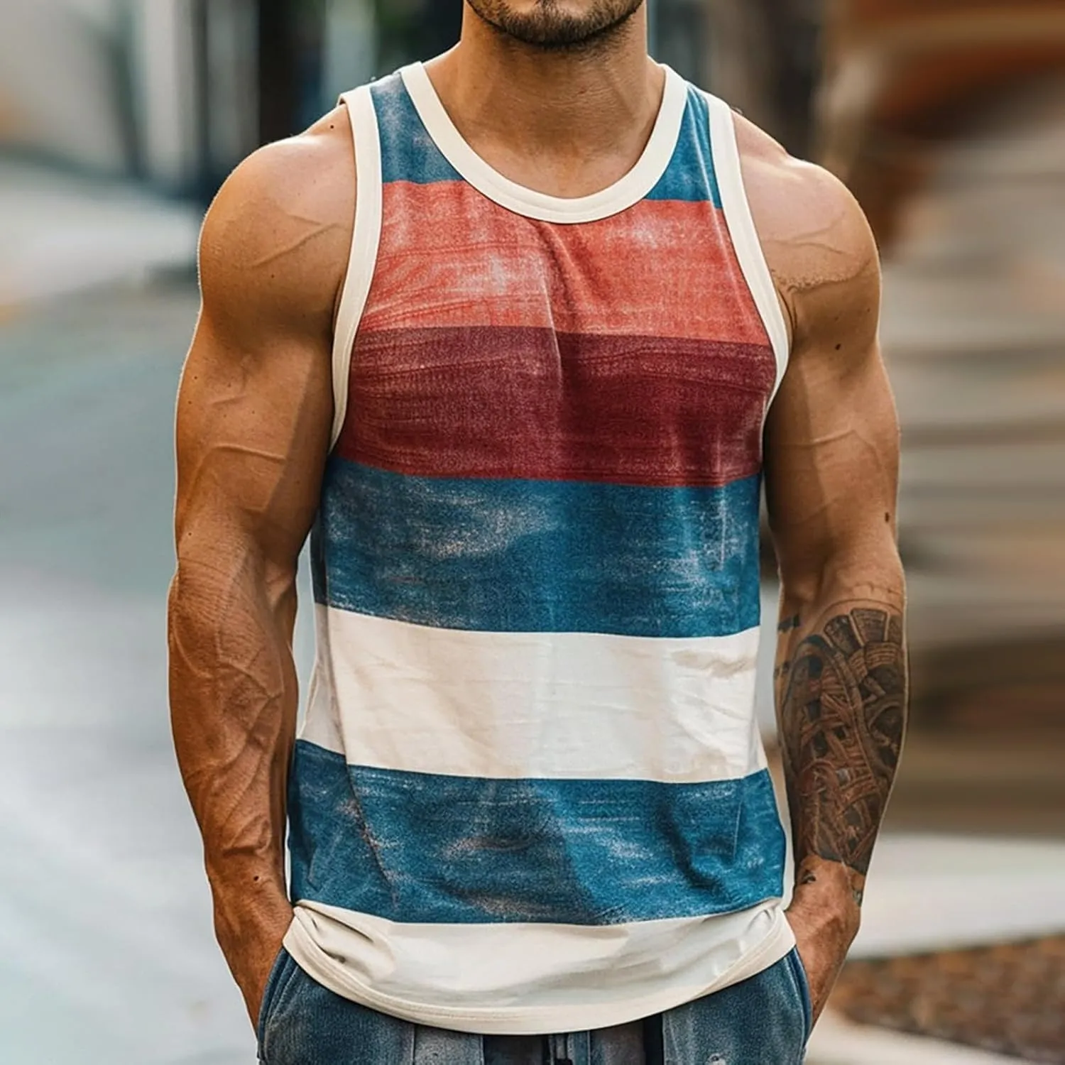 Men's Sleeveless Tank Top Stylish Color Stripes Scoop Neck Summer Beach Vest Muscle Fit Workout Gym Undershirts Tees