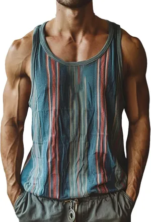 Men's Sleeveless Tank Top Stylish Color Stripes Scoop Neck Summer Beach Vest Muscle Fit Workout Gym Undershirts Tees