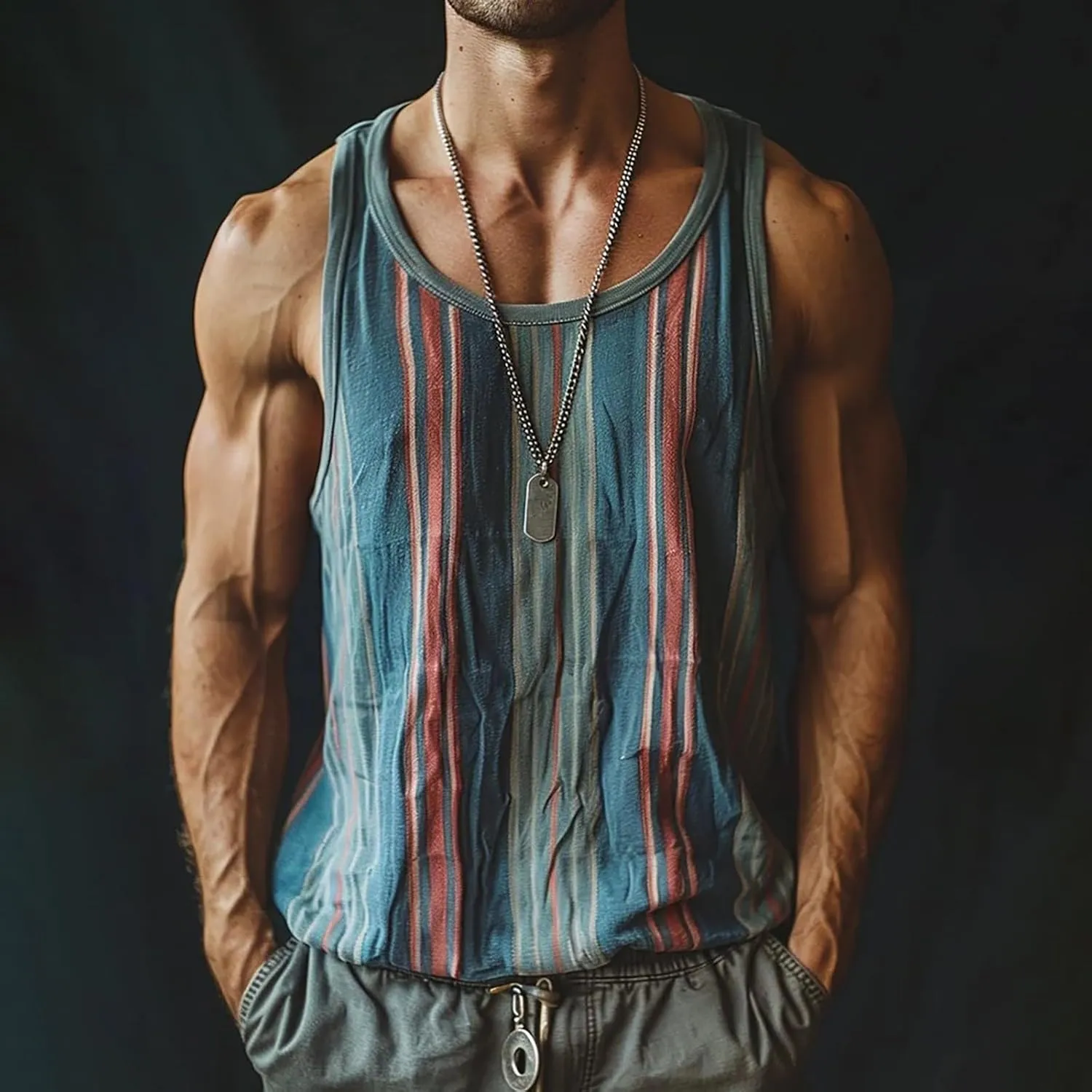 Men's Sleeveless Tank Top Stylish Color Stripes Scoop Neck Summer Beach Vest Muscle Fit Workout Gym Undershirts Tees