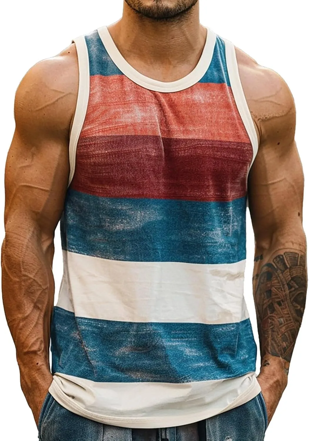 Men's Sleeveless Tank Top Stylish Color Stripes Scoop Neck Summer Beach Vest Muscle Fit Workout Gym Undershirts Tees