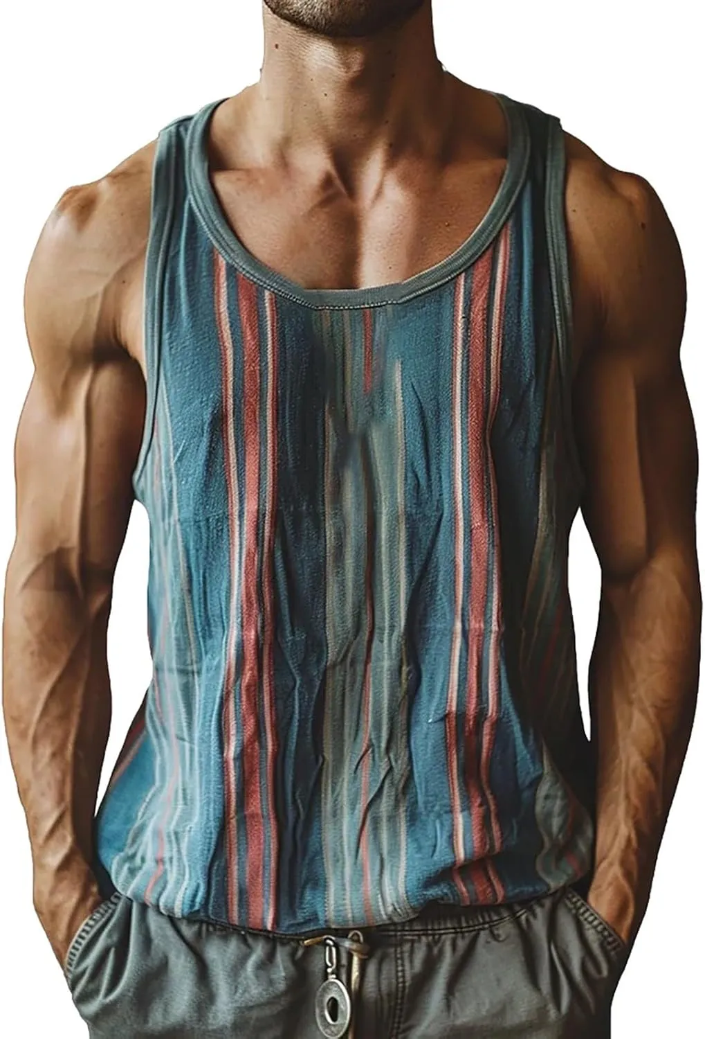 Men's Sleeveless Tank Top Stylish Color Stripes Scoop Neck Summer Beach Vest Muscle Fit Workout Gym Undershirts Tees