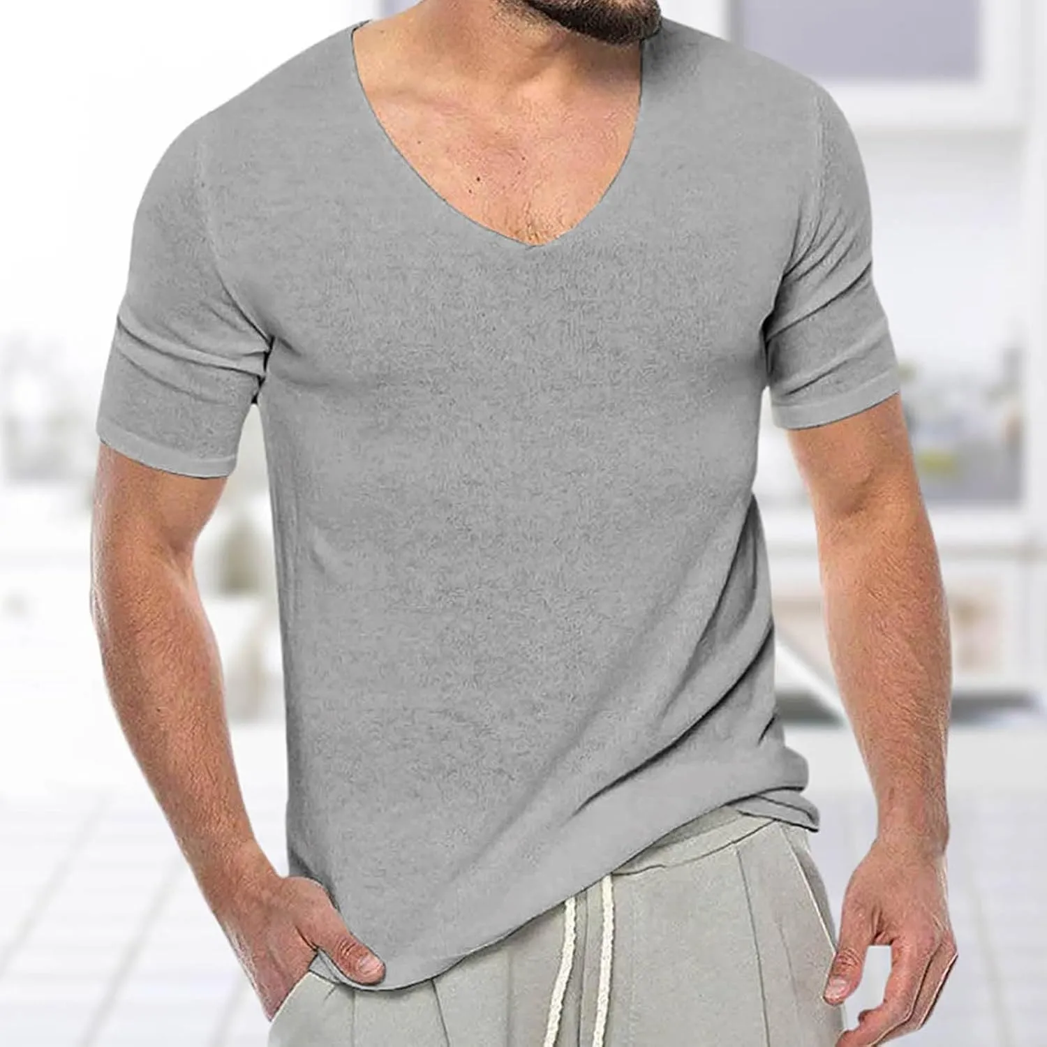 Mens Summer Thin V Neck Solid Color Sweater Summer Short Sleeve Knit T Shirt Top Big and Tall Tee Shirts for Men