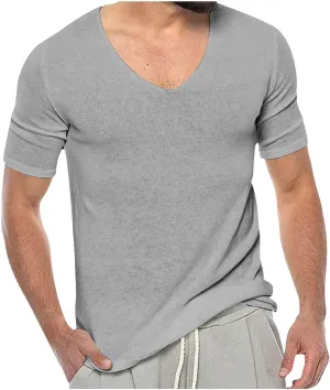 Mens Summer Thin V Neck Solid Color Sweater Summer Short Sleeve Knit T Shirt Top Big and Tall Tee Shirts for Men