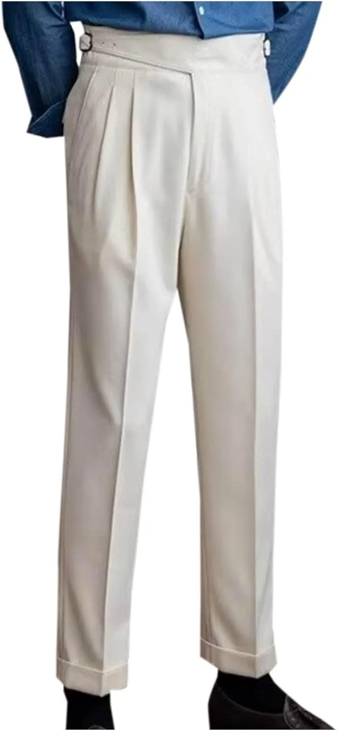 Mens Vintage Dress Pants Adjustable Side Buckle Formal Trousers Business Chino Pant Pleated Front Trouser Straight Legs Pants