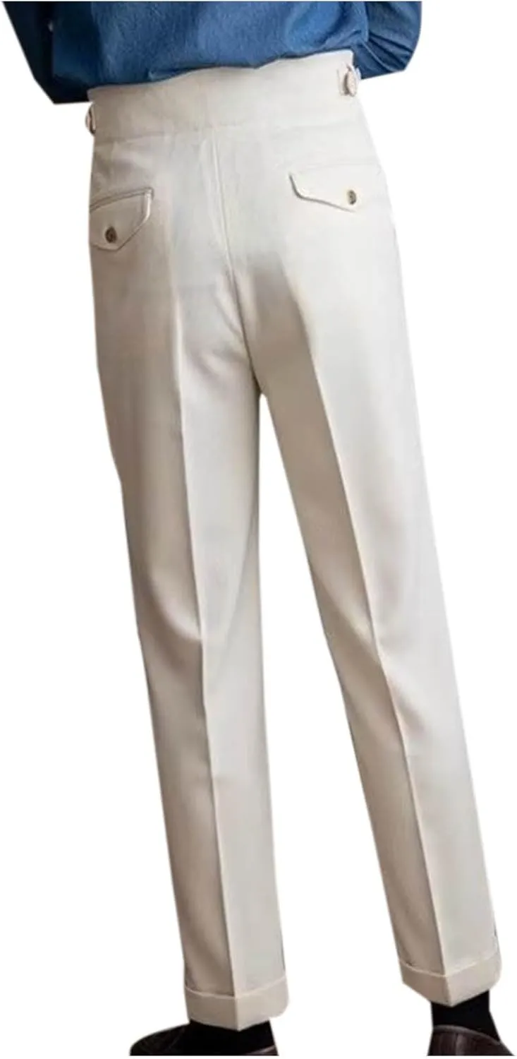Mens Vintage Dress Pants Adjustable Side Buckle Formal Trousers Business Chino Pant Pleated Front Trouser Straight Legs Pants