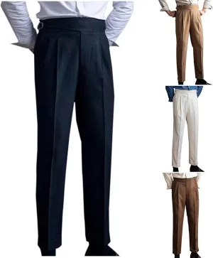 Mens Vintage Dress Pants Adjustable Side Buckle Formal Trousers Business Chino Pant Pleated Front Trouser Straight Legs Pants
