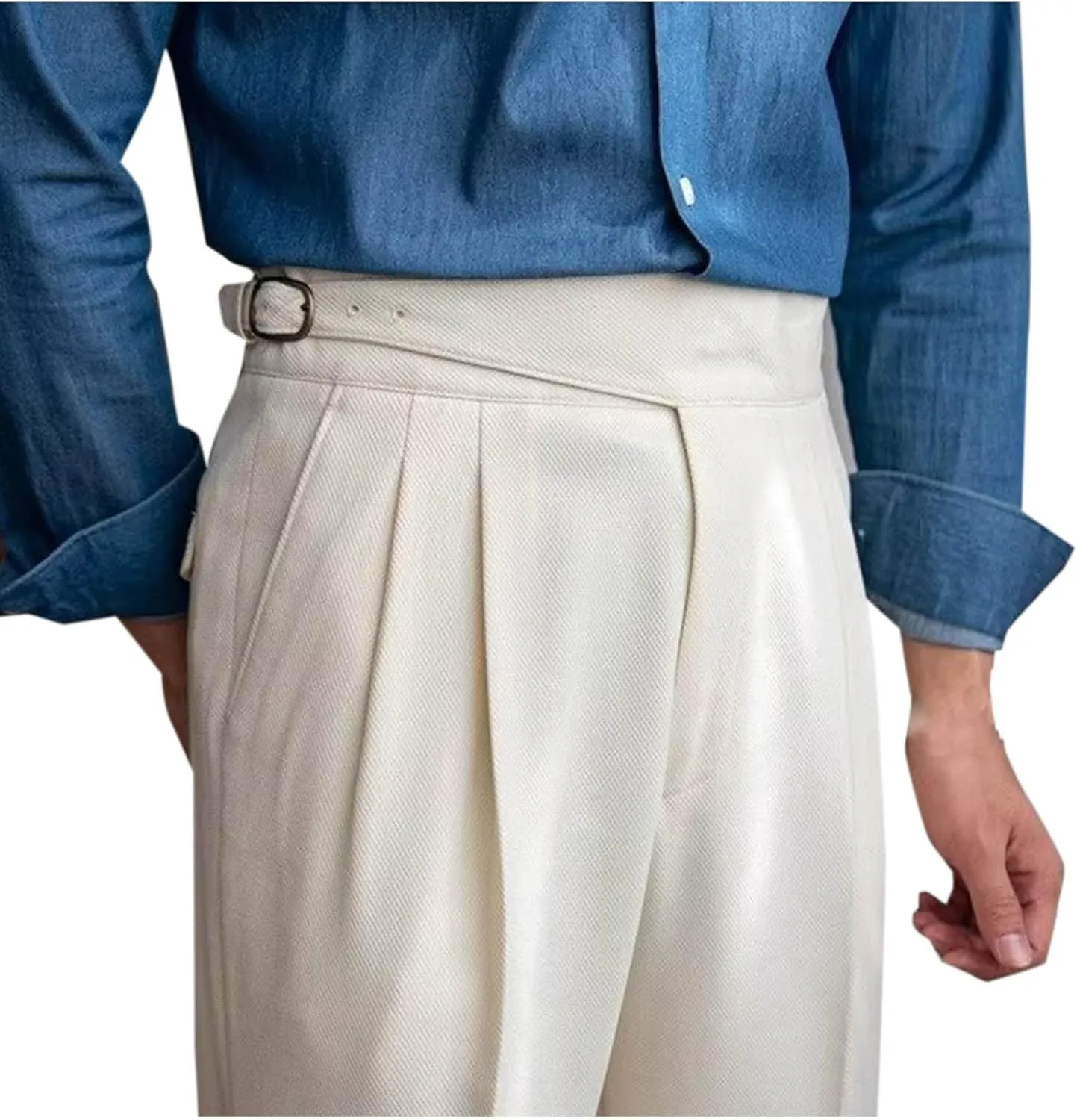 Mens Vintage Dress Pants Adjustable Side Buckle Formal Trousers Business Chino Pant Pleated Front Trouser Straight Legs Pants