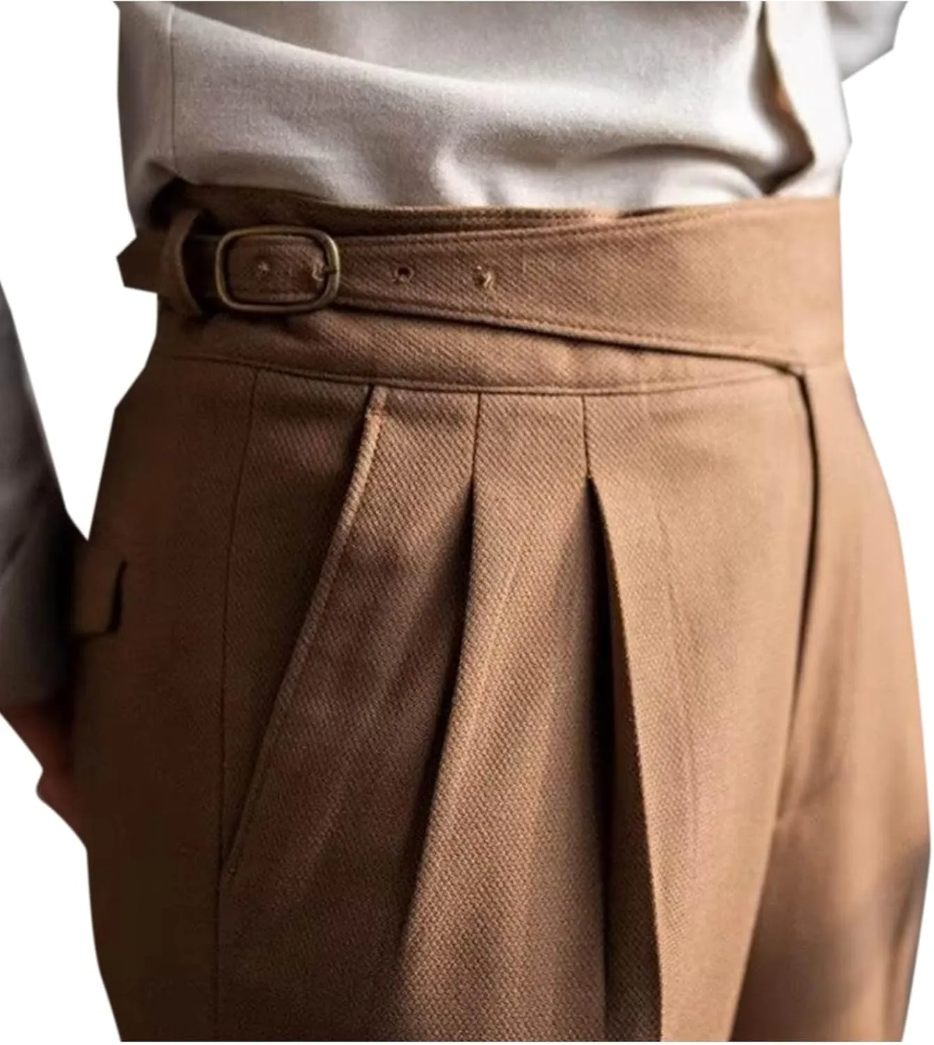 Mens Vintage Dress Pants Adjustable Side Buckle Formal Trousers Business Chino Pant Pleated Front Trouser Straight Legs Pants