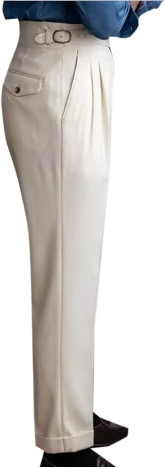 Mens Vintage Dress Pants Adjustable Side Buckle Formal Trousers Business Chino Pant Pleated Front Trouser Straight Legs Pants