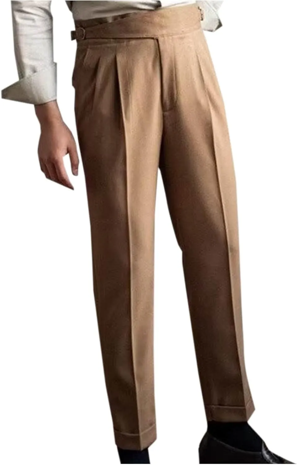 Mens Vintage Dress Pants Adjustable Side Buckle Formal Trousers Business Chino Pant Pleated Front Trouser Straight Legs Pants