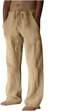 Men's Wide Leg Pant Men's Elastic Waist Blended Breathable Comfortable Soft Beach Casual Trousers Solid Color Trousers