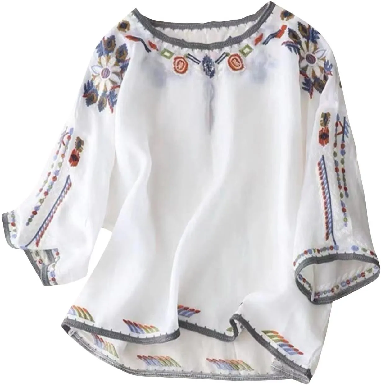 Mexican Embroidered Cotton Linen Tops 2025 Summer Boho Peasant Tees Women 3/4 Sleeve Tunic Blouse Loose Vintage Shirt