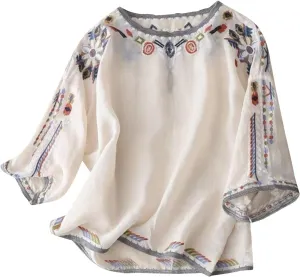 Mexican Embroidered Cotton Linen Tops 2025 Summer Boho Peasant Tees Women 3/4 Sleeve Tunic Blouse Loose Vintage Shirt