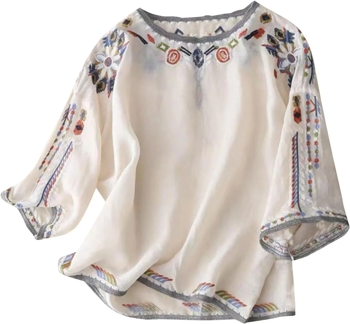 Mexican Embroidered Cotton Linen Tops 2025 Summer Boho Peasant Tees Women 3/4 Sleeve Tunic Blouse Loose Vintage Shirt