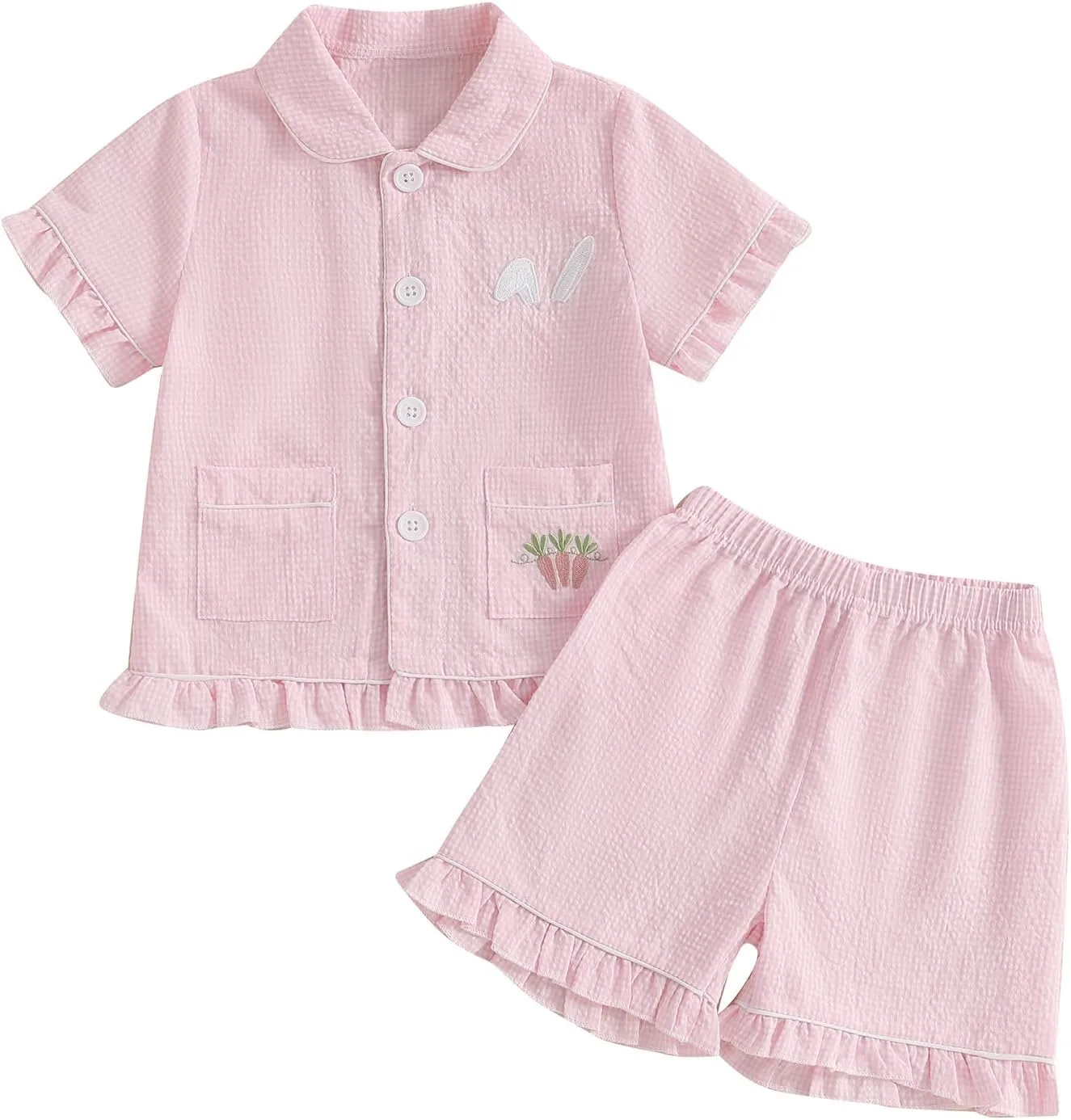 Multitrust Kids Baby Girl Easter Day Pajamas Set Plaid Bunny Carrot Button Down Shirts Ruffled Shorts Girls 2PCS Pj Set