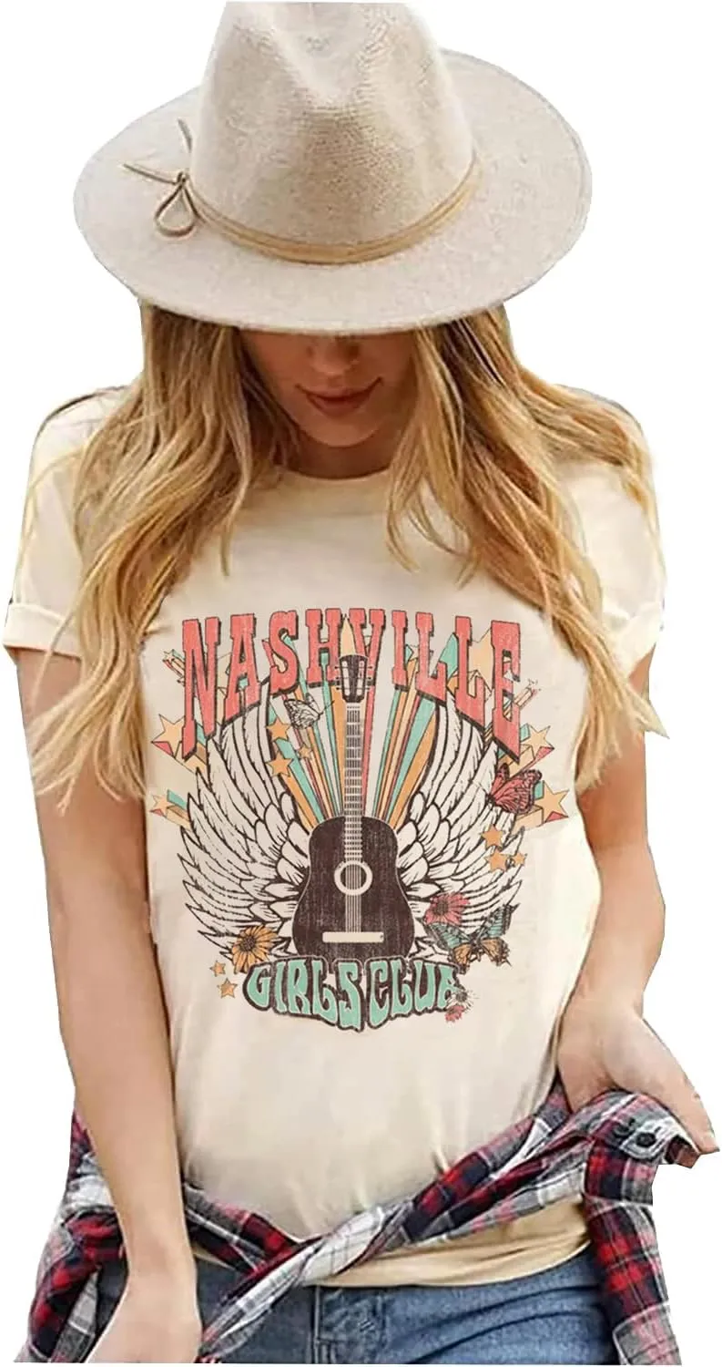 Nashville Shirt for Women Music City Guitar Graphic T Shirt Vintage Band Tees Tennessee Concert Tees Tops