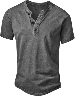NITAGUT Mens Distressed Henley Shirts Retro Short Sleeve Cotton Tee Shirts Casual Button Down Washed T-Shirts