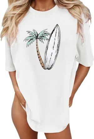 Oversized Graphic Shirt for Teens Girl Y2K Ocean Floral Short Sleeve Baggy Tee Shirts Vintage Funny Tshirts