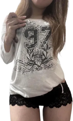 Oversized Jersey Shirts for Women Y2k Number Graphic Tees Long Sleeve Crewneck Shirt Top Vintage Streetwear