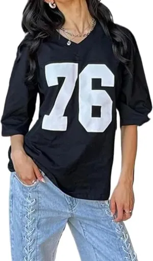 Oversized Jersey Shirts for Women Y2k Number Graphic Tees Long Sleeve Crewneck Shirt Top Vintage Streetwear