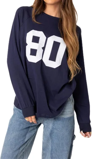 Oversized Jersey Shirts for Women Y2k Number Graphic Tees Long Sleeve Crewneck Shirt Top Vintage Streetwear
