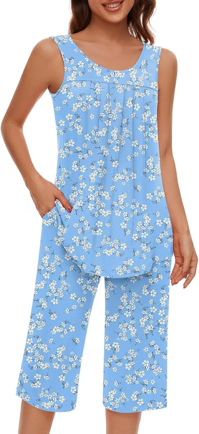 Pajama Sets for Women Summer Pleated Tank Tops and Capris with Pockets Floral Soft Cute Pjs 2 Piece Loungewear