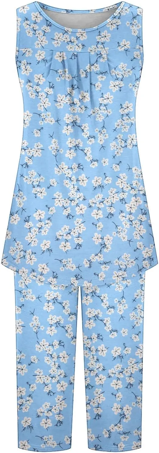 Pajama Sets for Women Summer Pleated Tank Tops and Capris with Pockets Floral Soft Cute Pjs 2 Piece Loungewear
