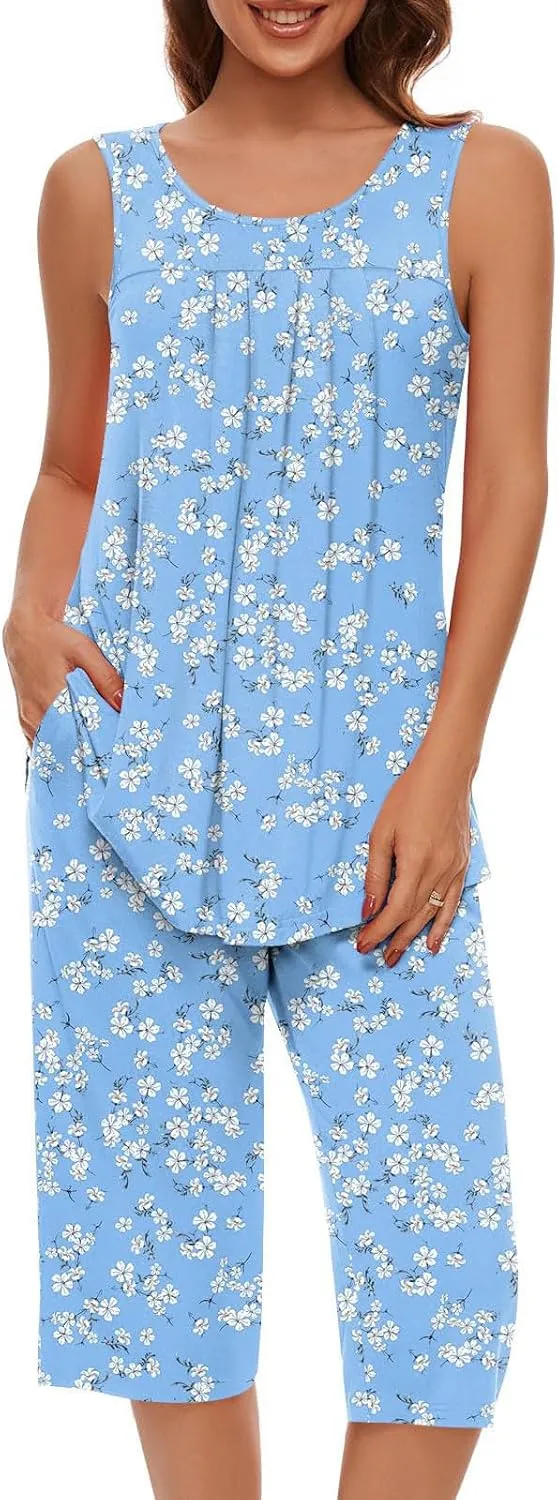 Pajama Sets for Women Summer Pleated Tank Tops and Capris with Pockets Floral Soft Cute Pjs 2 Piece Loungewear